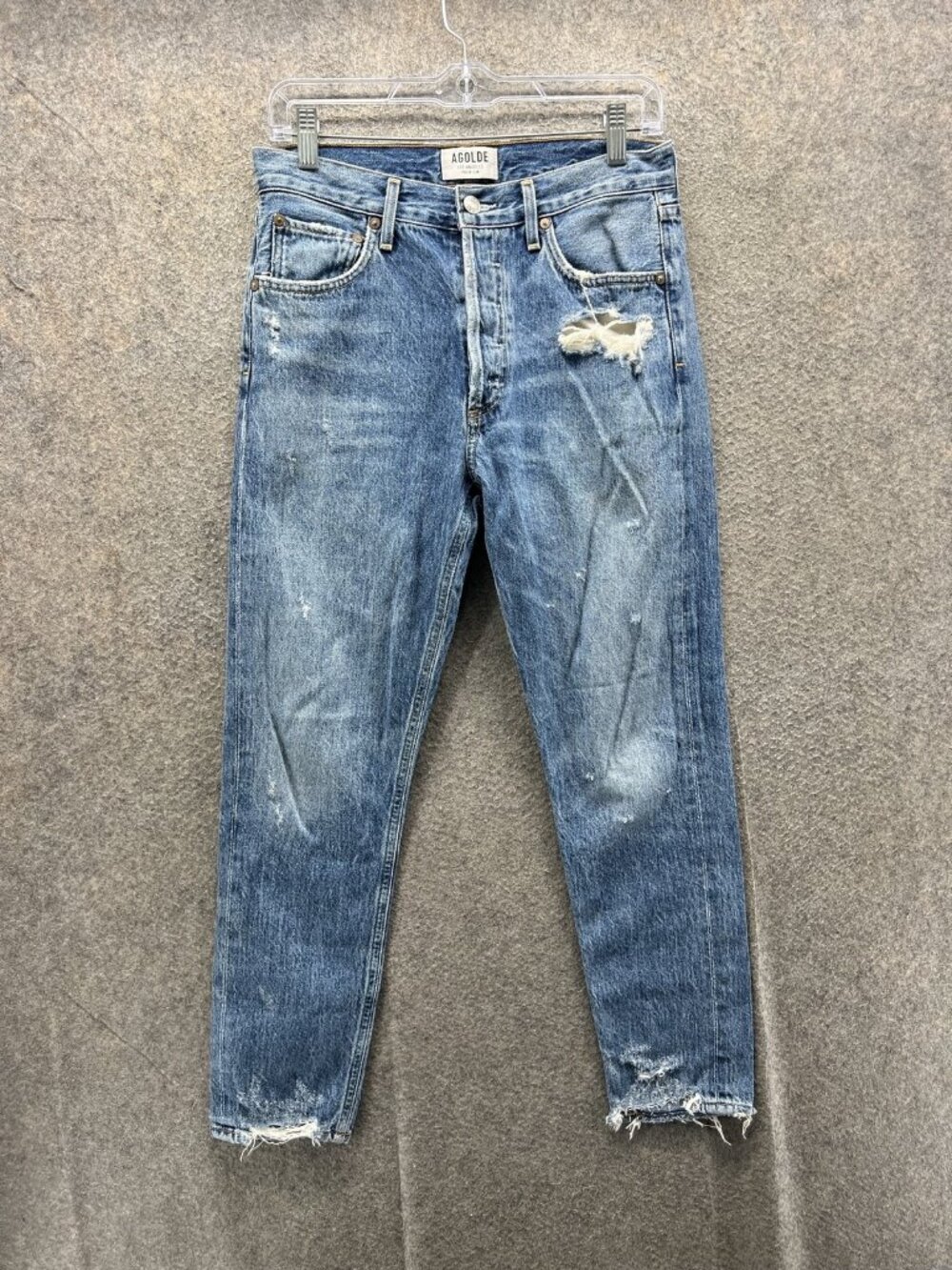 AGOLDE Jeans Womens 27 Blue Medium Wash Straight Leg Distressed Raw Hem Denim